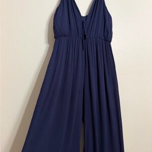 Deep V Navy Wide-Leg Jumpsuit